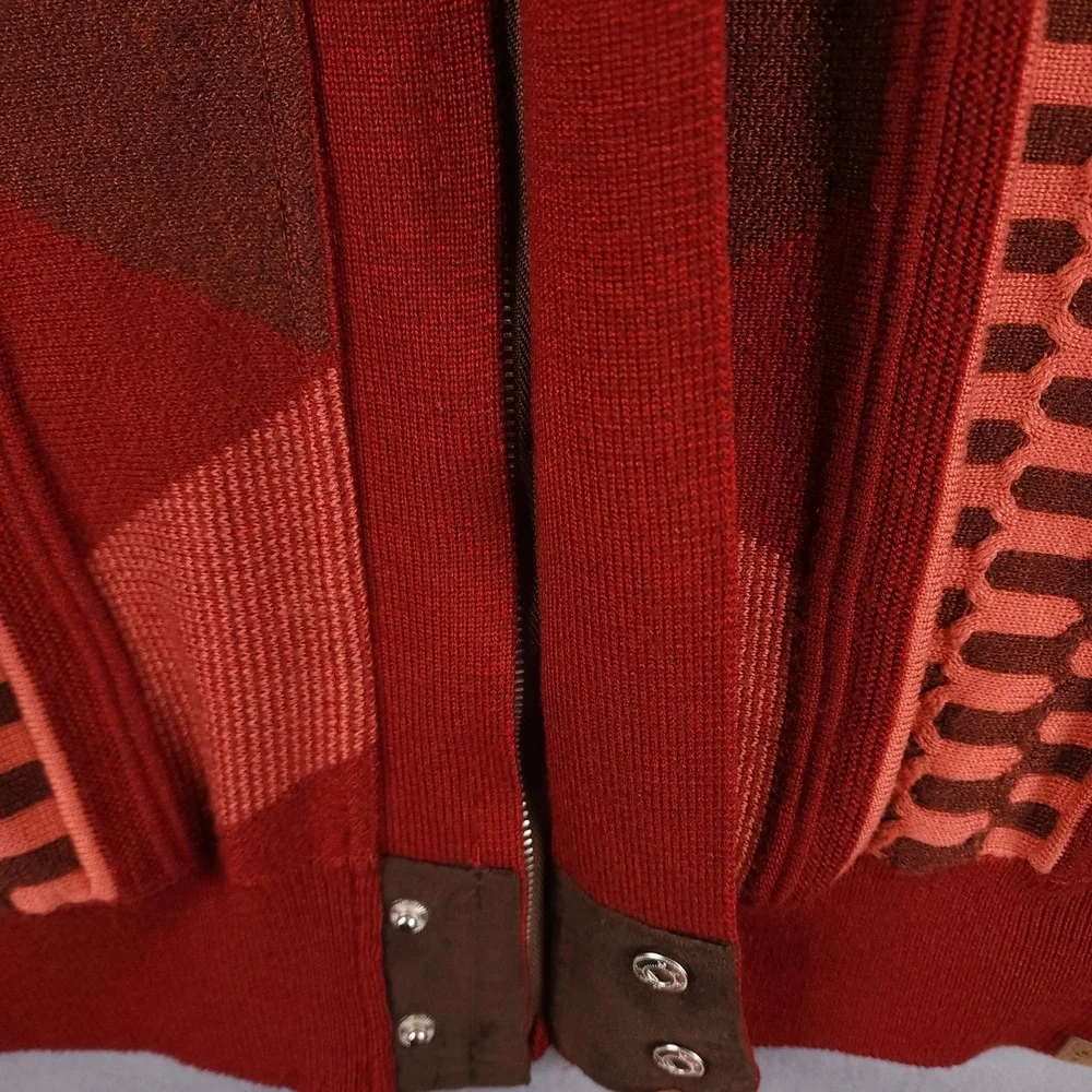 Silversilk Sweater Mens‎ Large Red Geometric Full Zip Suede Trim Elbow Patches L